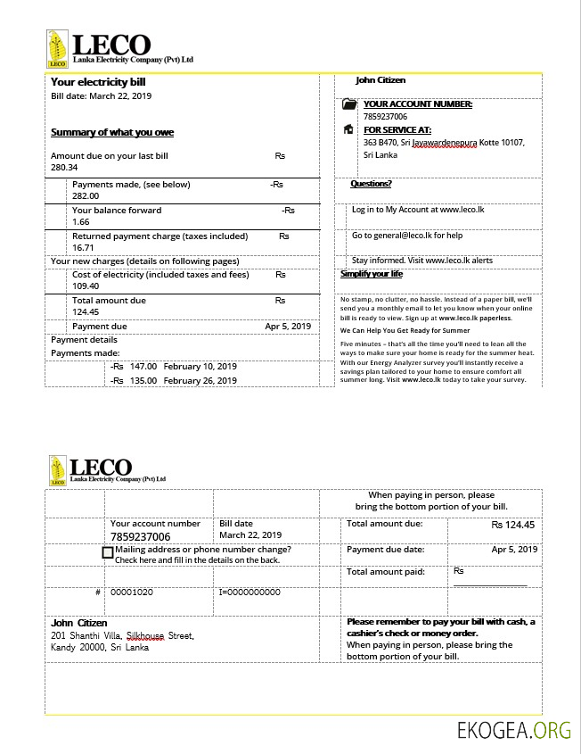 Sri Lanka leco electricity bill in word format template